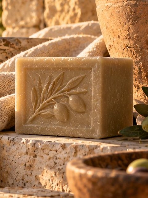 Olive-embossed natural soap bar